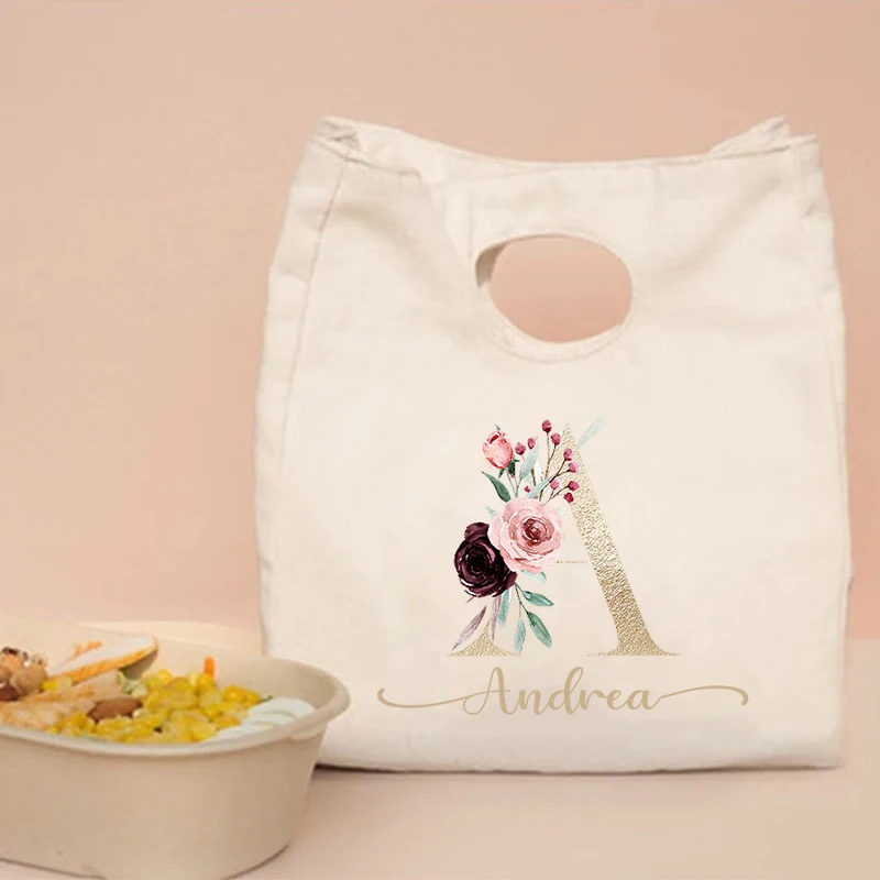 Bolsa de lona con iniciales de A-Z rosas, organizador personalizado, fiambrera de viaje, Picnic, aislamiento, bolso de mano, bolsas de almacenamiento con nombre, regalo