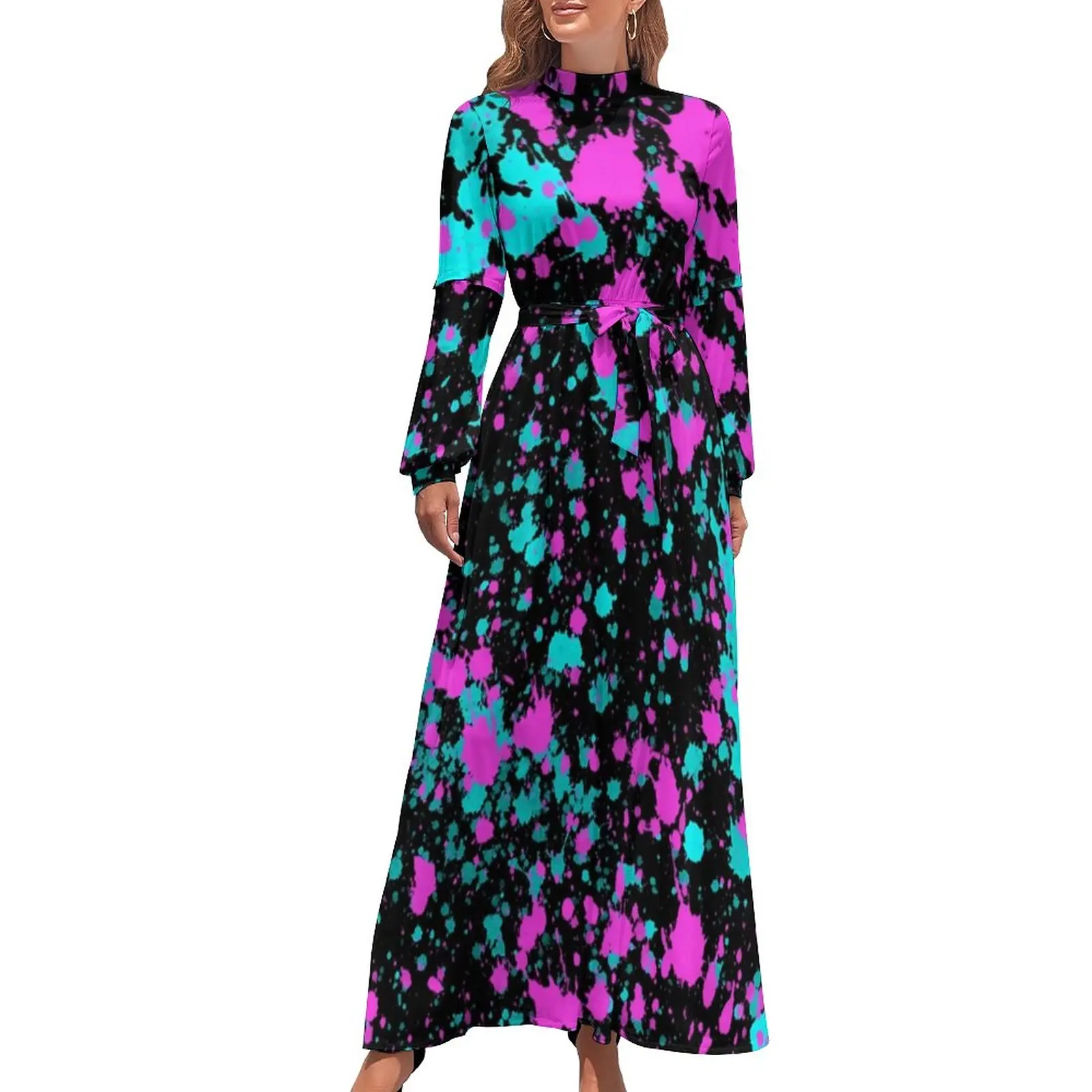 Paint Splatter Dress Modern Pink and Aqua Stylish Beach Dresses Women Long Sleeve High Waist Elegant Long Maxi Dress