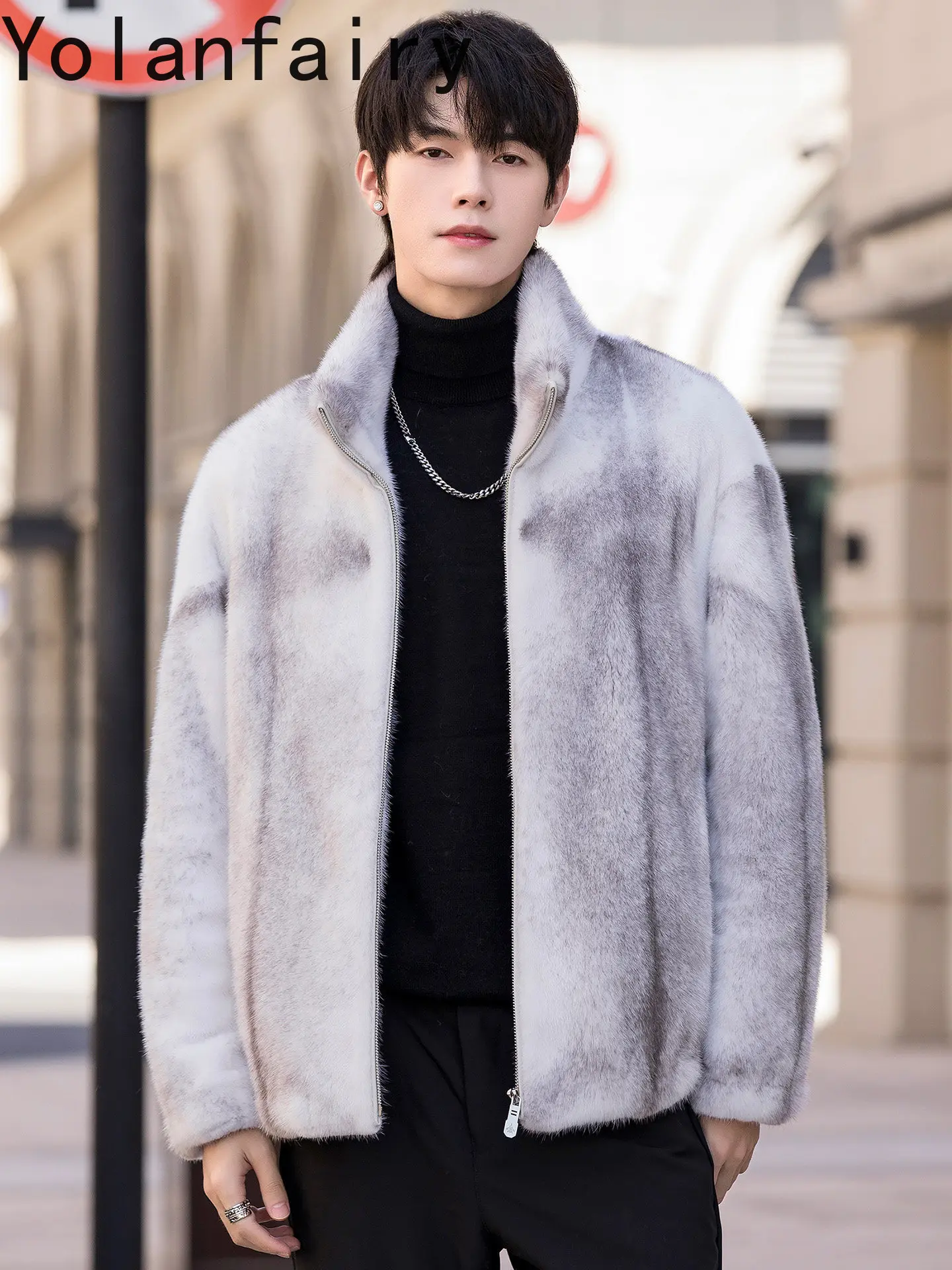 YOLANFAIRY High-end Silver Cross Mink Real Fur Coat Men Luxury Winter Casual Natural Mink Fur Jacket Man Top Quality Fur Coats