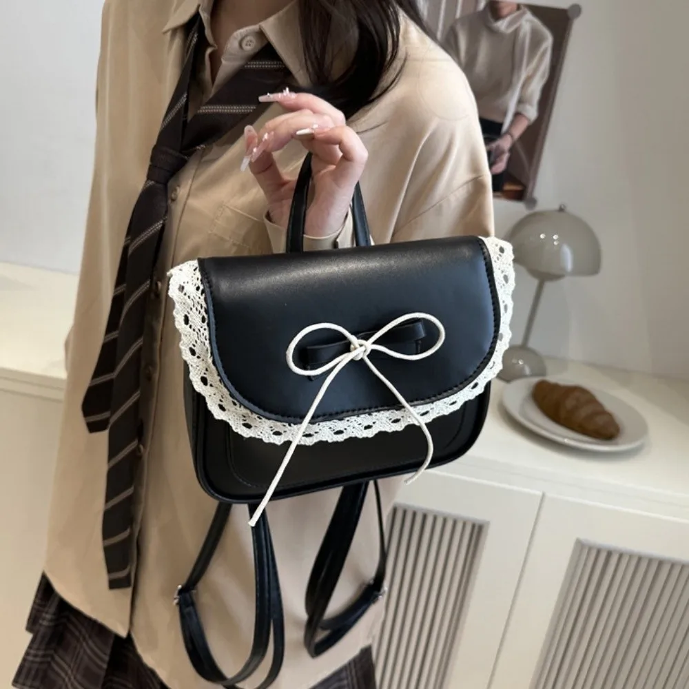 Fashion Mini Lace Bow Backpack Korean Style Kawali PU Leather Bag Square Elegant Shouder Bag Gift