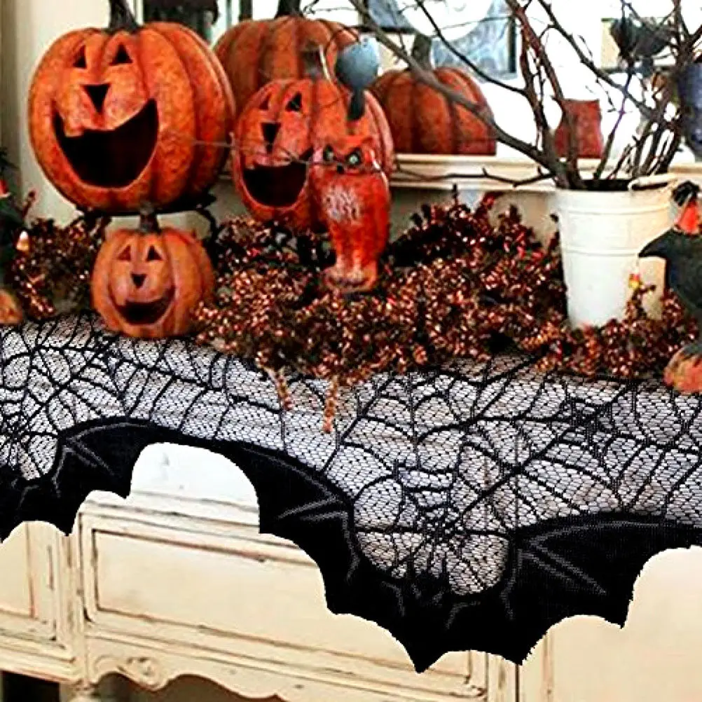 Black Lace Halloween Fireplace Scarf with Spider Web and Bat Design for Mantel Doorway Hutch Buffet Backdrop Decoration