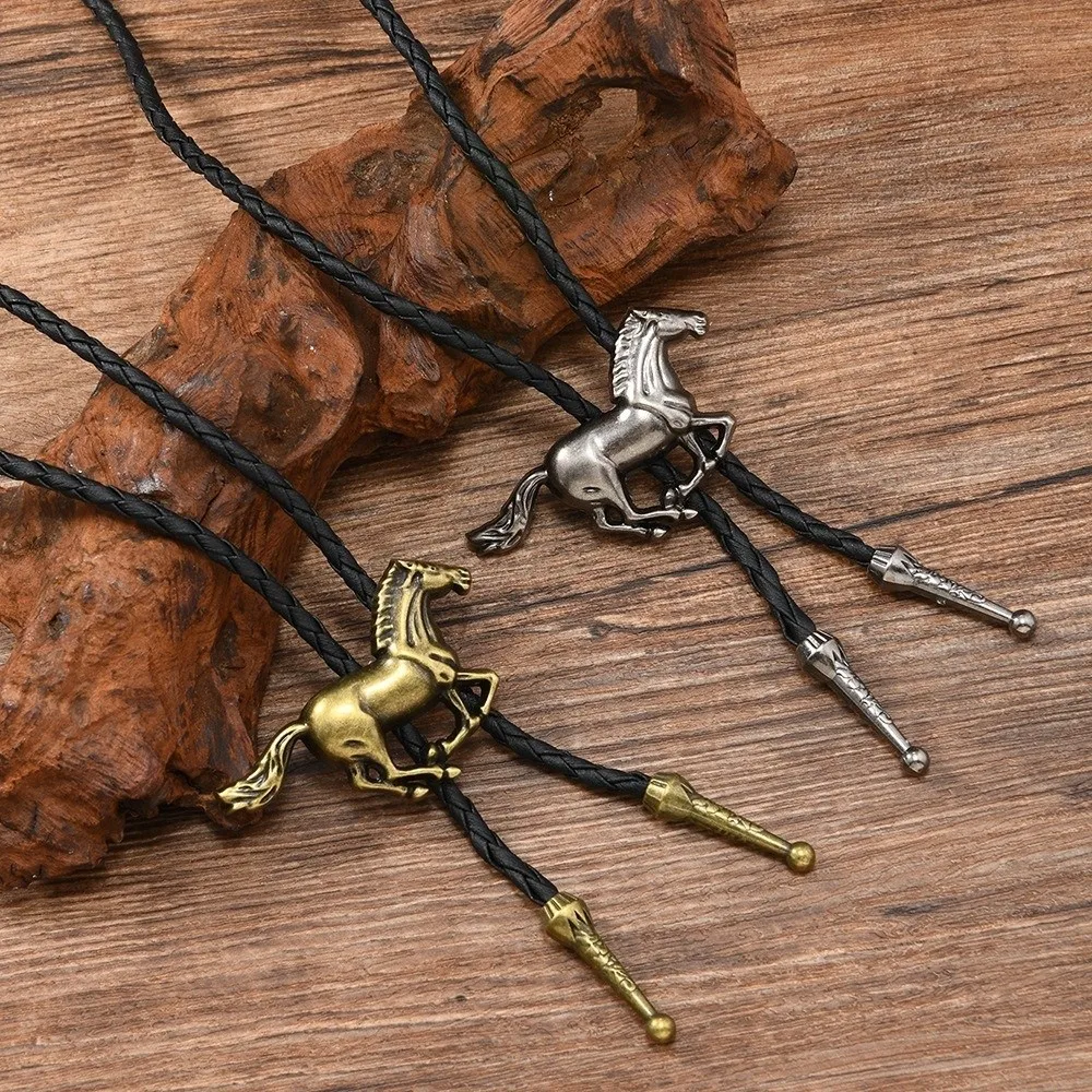 Western Cowboy Bolo Tie Necklace Retro Fashion Personality Retro Alloy Bolo Tie Adjustable Rope Trendy Horse Pendant