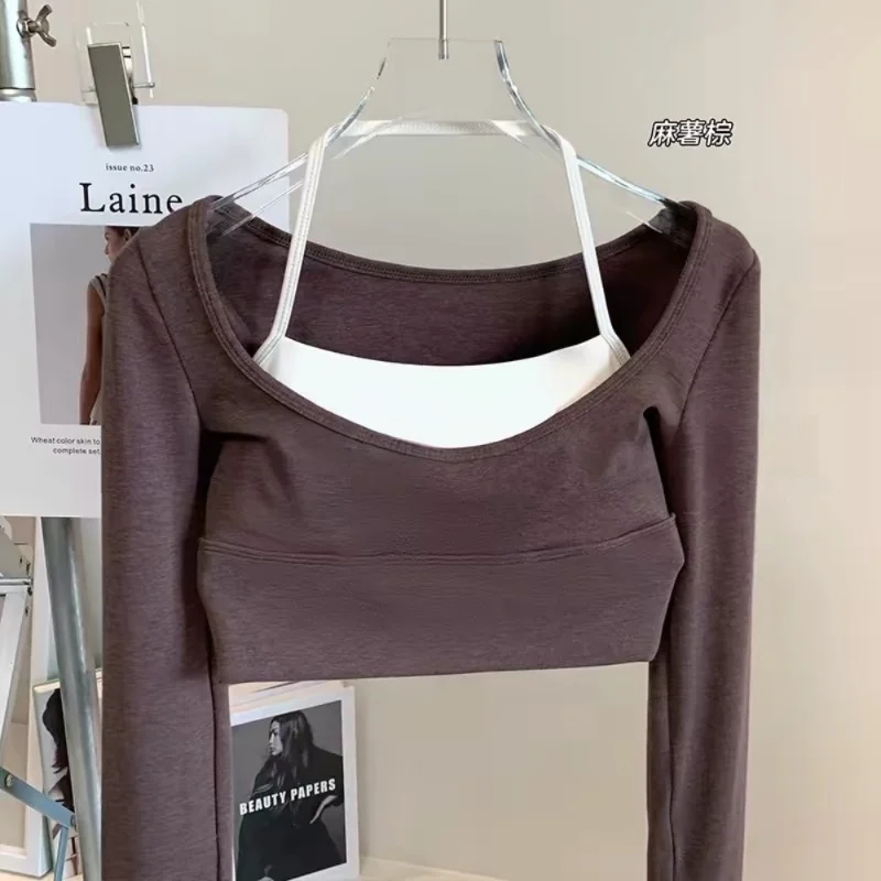 Damen Yoga-Top mit eckigem Ausschnitt, langen Ärmeln, integriertem BH, „Naked-Feeling“, Kontrastfarben, schmaler Passform, atmungsaktiv, Fitness-Workout-Crop-Top – Detail 9