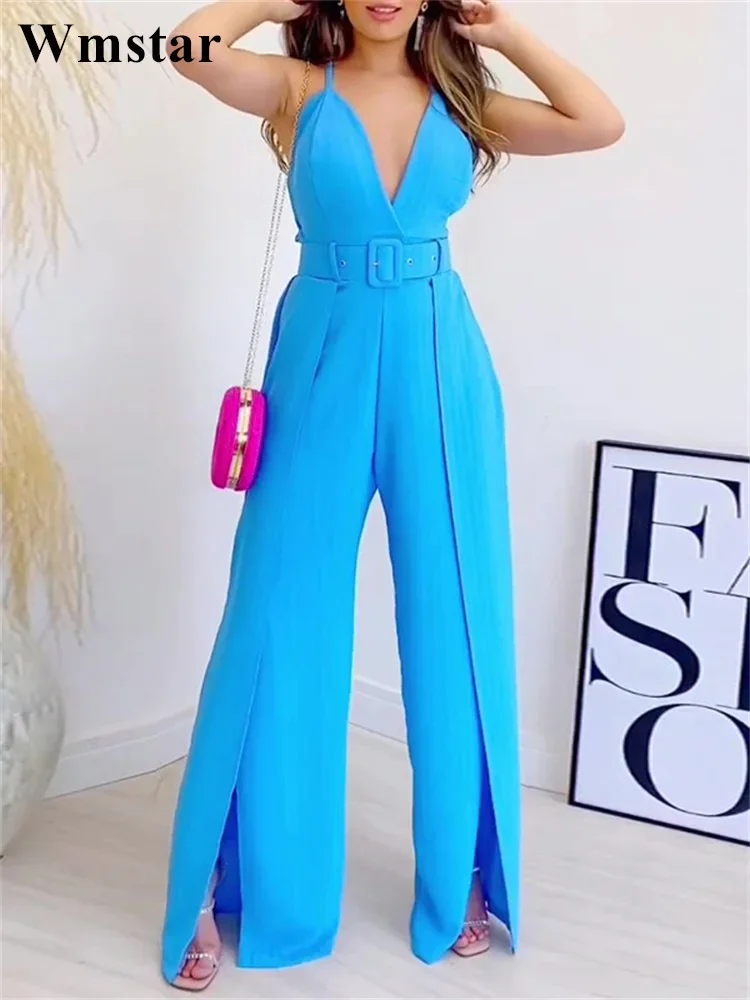 

Wmstar Women Jumpsuit Summer Elegant Fashion Solid Color Spaghetti Strap V Neck oose Wide Legs Slit Wide Leg Romper with Belt