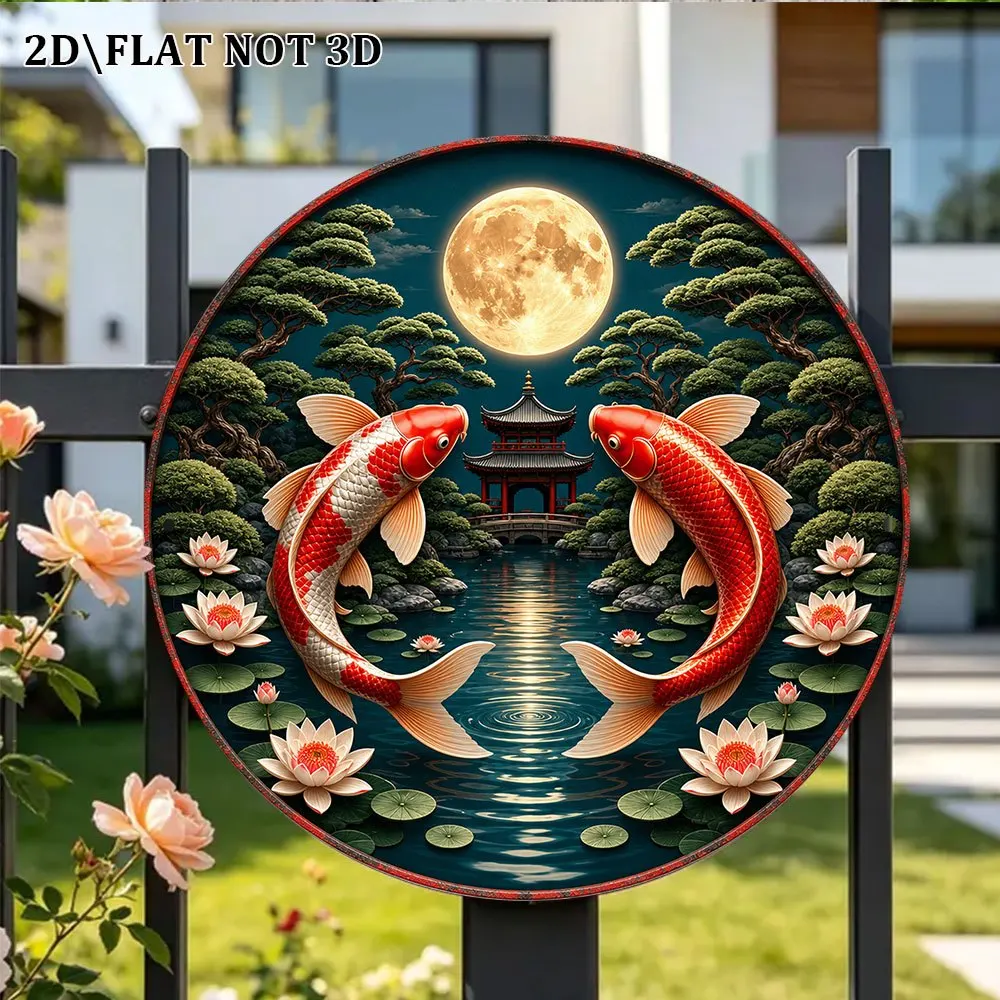 2D Flat Metal Sign Koi Pond Moon Night Japanese Garden Vintage Decor Plaque For Living Room Study Tea Room Gift view 5