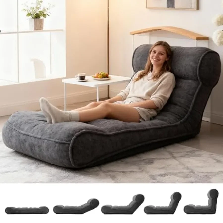 Floor Lounger Chair for living room, polyester fabric, gray, 5-position adjustable reclining support