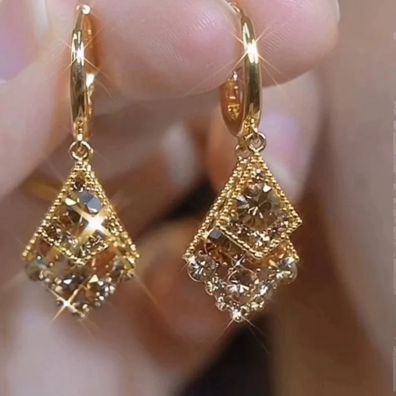 Exquisite Sparkling Zircon Geometric Pendant Earrings, Women's Fashionable and Trendy Wedding Banquet Jewelry Accessories