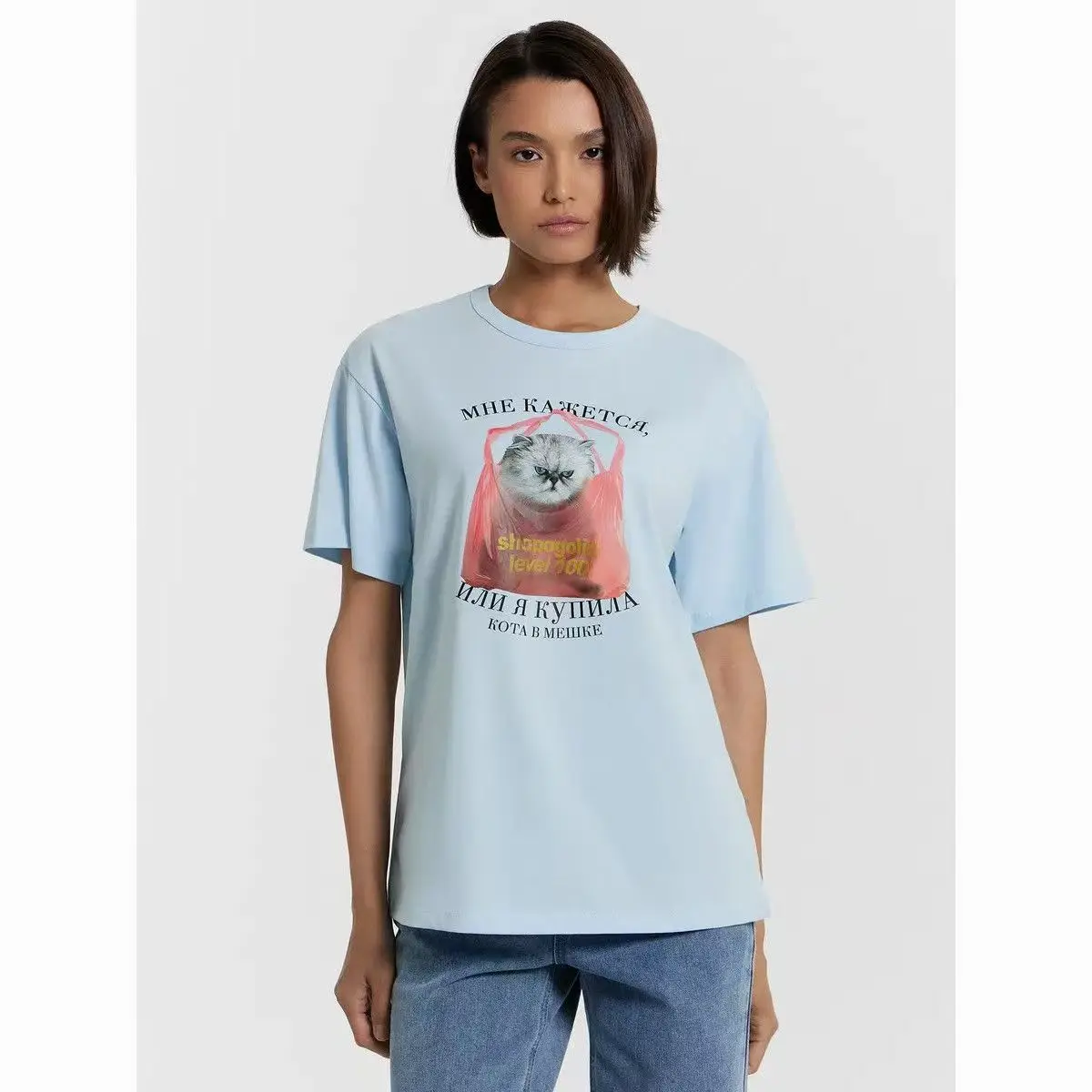 Funny Cat Animal Print Sky Blue Russian Letter Women T-shirts Loose Streetwear Unisex Short Sleeve Girls Tees Female Tops Summer