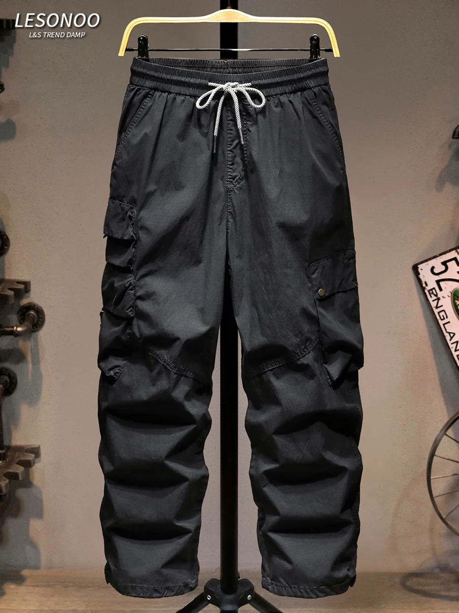 

Летние тонкие повседневные рабочие брюки свободного прямого кроя для мужчин, модные, с эластичным поясом, дышащие, из хлопка