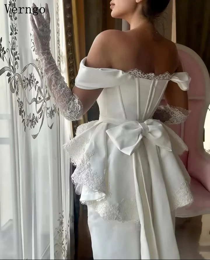 فستان زفاف Verngo lvory من الساتان قبالة الكتف حورية البحر مطوي فساتين العروس القوس الأميرة زي العرائس حسب الطلب