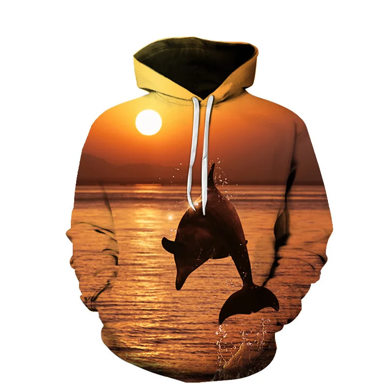 أسلوب الربيع والخريف؛ سويت شيرت بقلنسوة فضفاض بقلنسوة من مارين دولفين ثلاثي الأبعاد بنمط الطباعة الرقمية