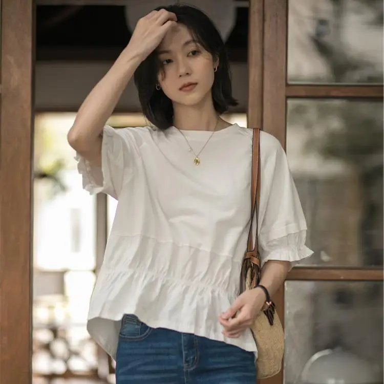 

Dimanaf 2024 Women T-Shirt Female Solid Elastic O-Neck Loose Short Sleeve Spliced Tops&Tees Cotton White Black