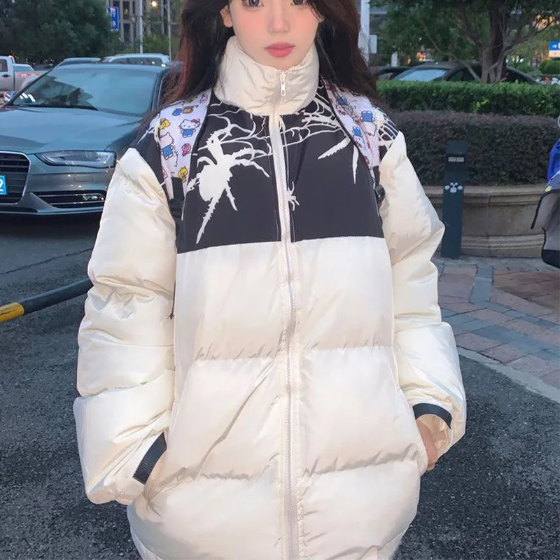 Colored Spider Stand Collar Thickened Cotton Coat for Women 2023 Winter New Loose Fit BF-American High Street Jackets