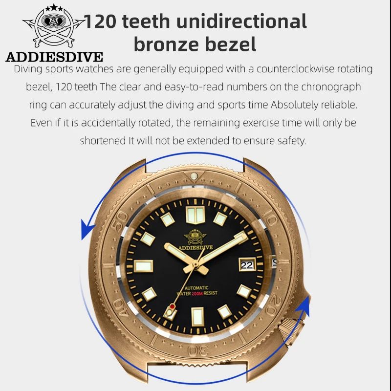 ADDIESDIVE Luxury Men Watch Cusn8 Bronze NH35A Mechanical Sapphire Glass C3 Super Luminous Date 200m Waterproof Wristwatch