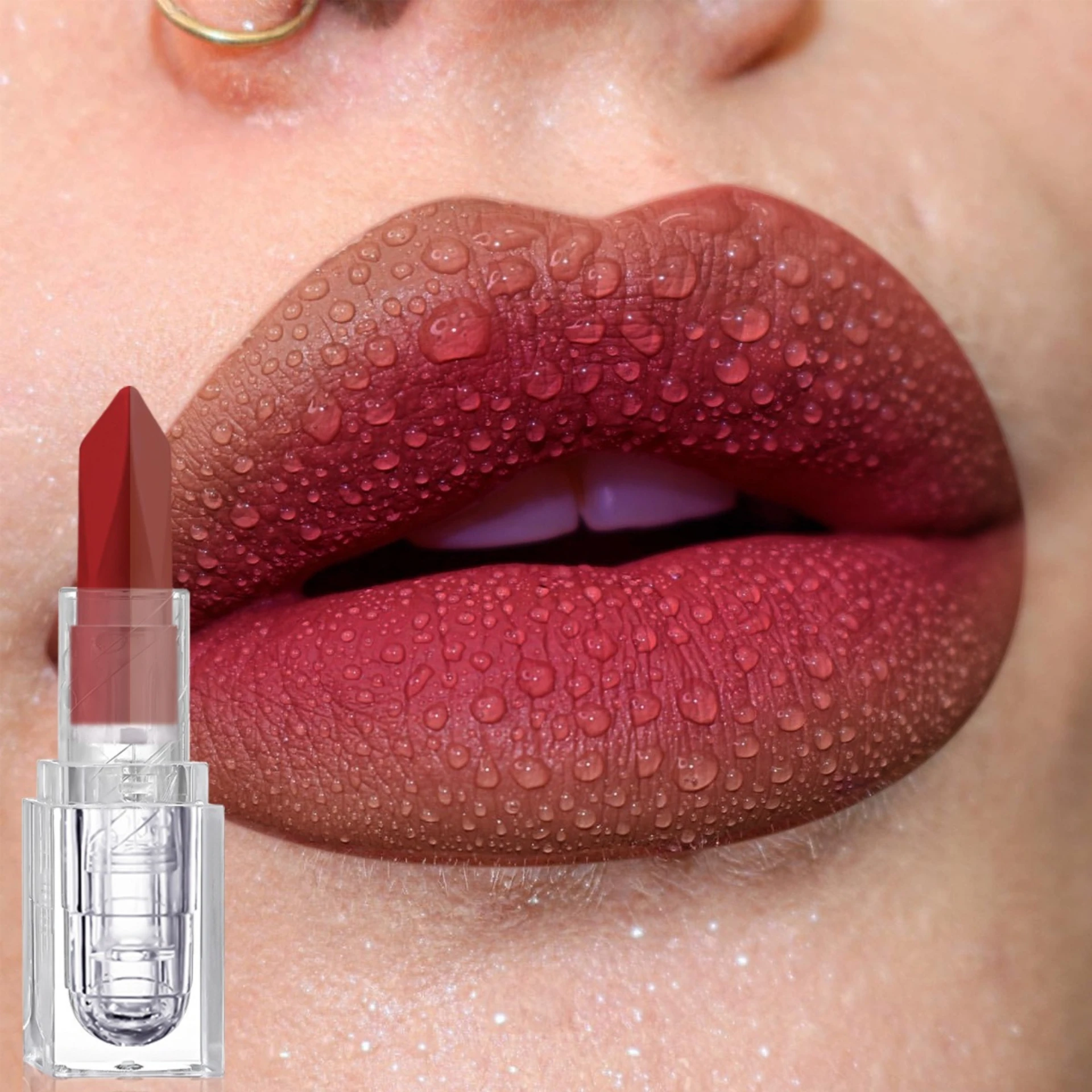 Red brown two-color splicing lipstick improves complexion easy to color makeup matte soft mist 2 in 1 lip makeup cosmetics