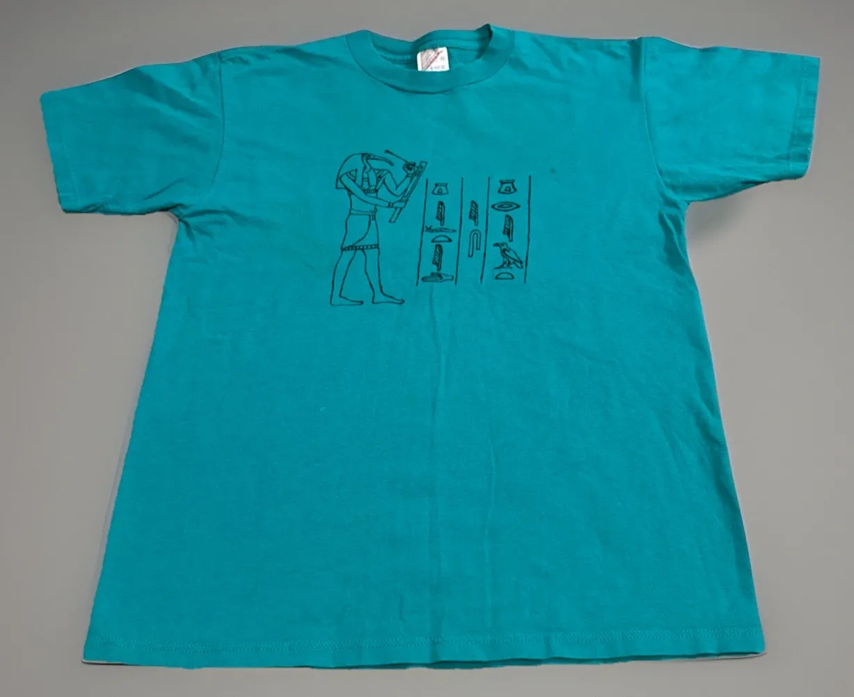 Vintage 80s Egyptian Hieroglyphics Art Teal Blue T-Shirt Youth XL Men’s Small