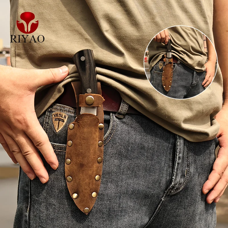 RIYAO-Couro genuíno Straight Faca bainha para os homens, caso de faca fixa, facas Damasco táticas, Cinto Titular, Outdoor Camping