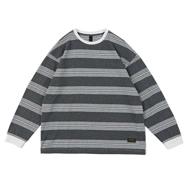 Autumn And Winter Japanese Vintage Striped Long-Sleeved T-Shirt Tops Loose Round Neck Men's T-Shirt Bottoming Shirt