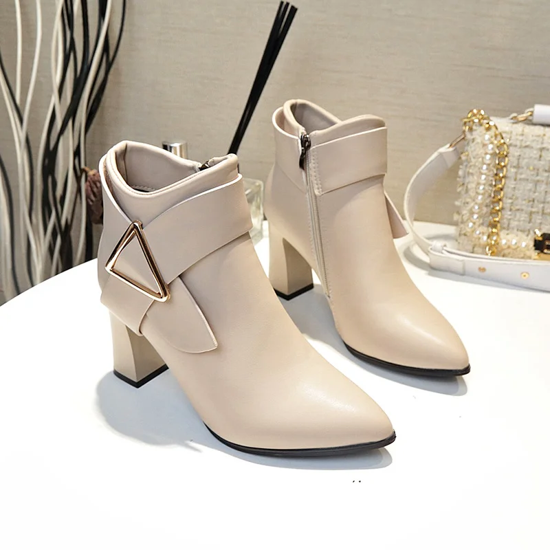 Maogu Spring Autumn Ankle Boot Female Leather Shoes Woman Pumps Pointed Toe Square Heel Fashion Women's High Heels Short Boots