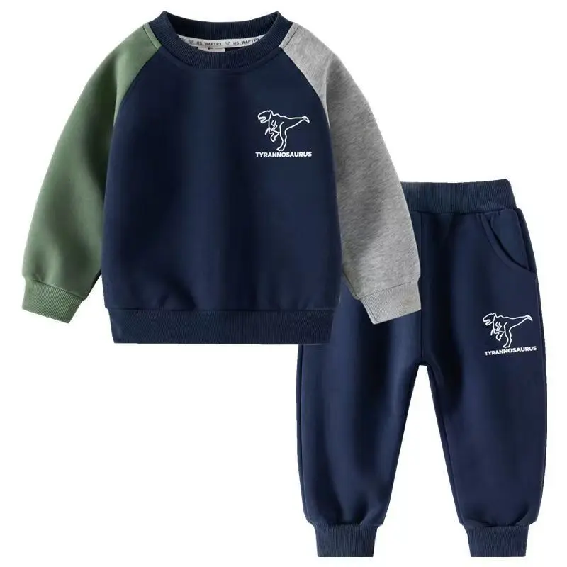 

Boys Contrasting Hoodie Set 2024 New Children's Dinosaur Print Long Sleeved Pants Baby Sports 2-Piece Set Trendy