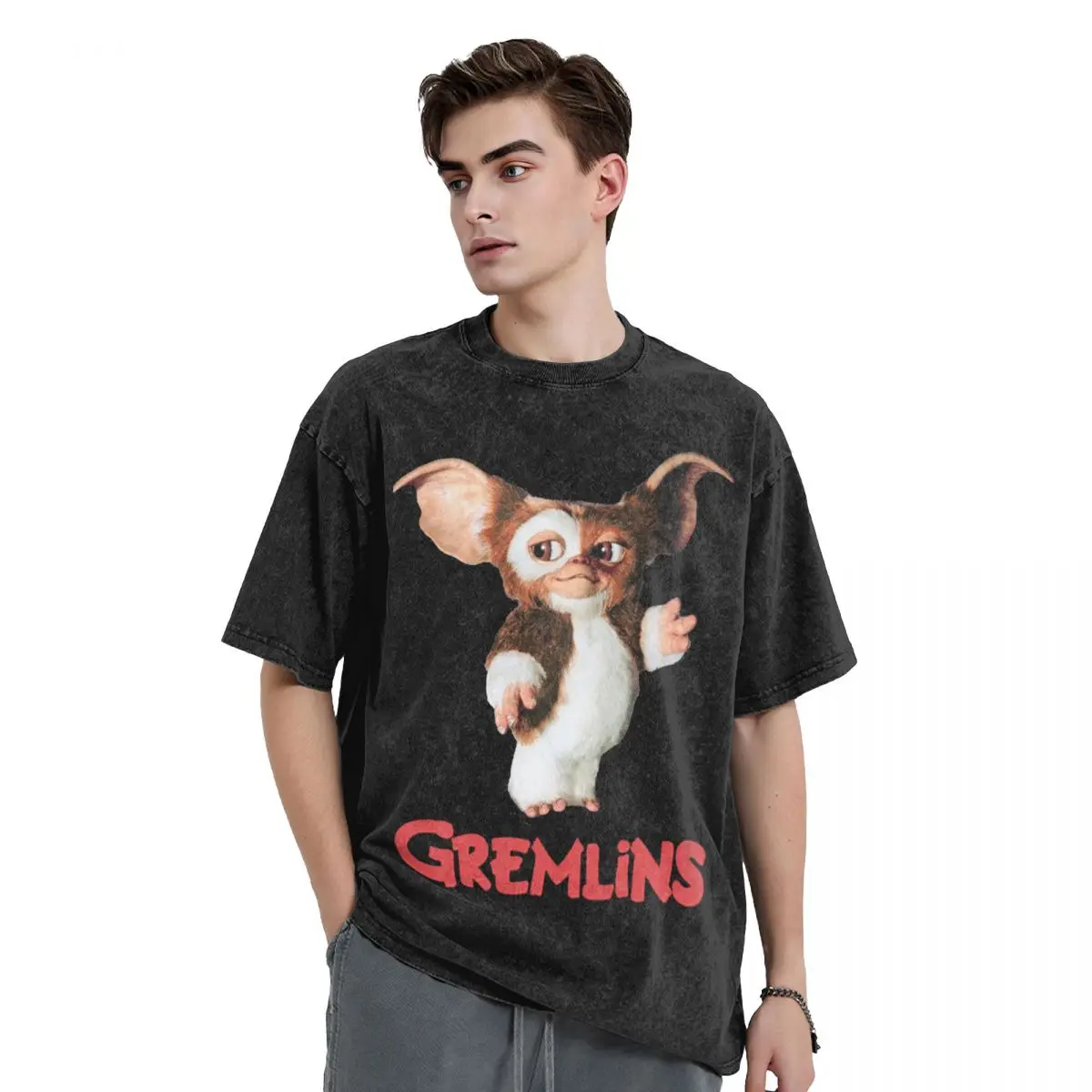 Gremlins Gizmo T Shirt Washed 100% Cotton Oversize T-Shirt Monster 80s Horror Christmas Movie Novelty Graphic Printed Tops Tees