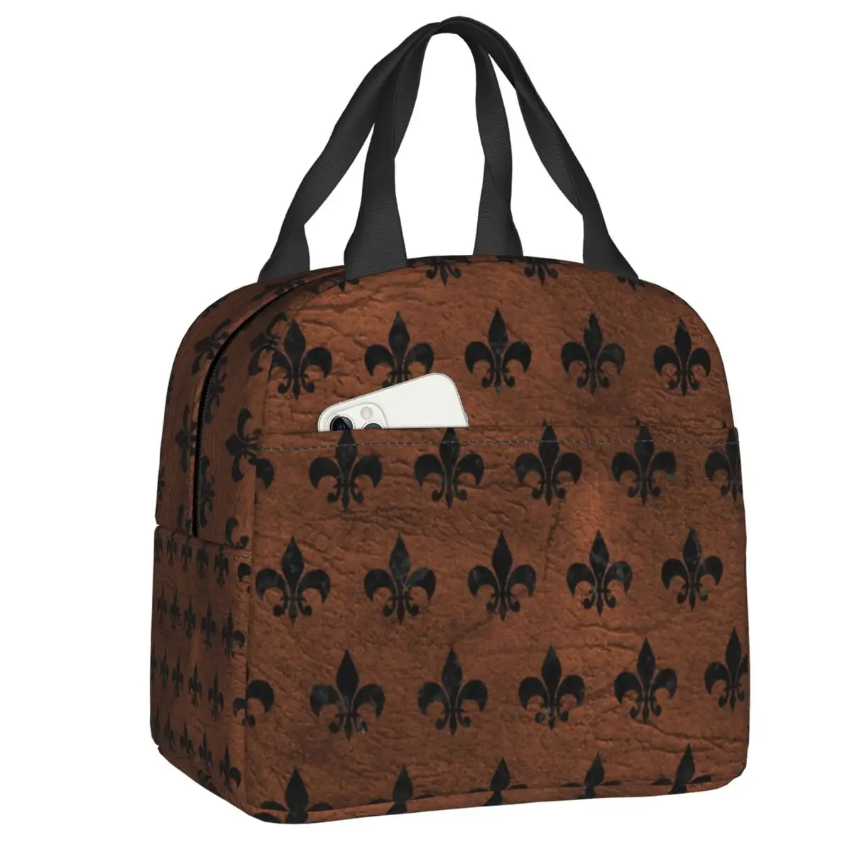 Royal Brown Leather Fleur De Lis Insulated Lunch Bag Women Lily Flower Lunch Container for Kids School Children Storage Food Box