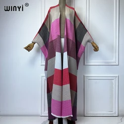 WINYI zimowe afrykańskie sukienki dla kobiet nadruk w kratę plisowany długi sweter puchowy kaftan jesienne frędzle kimono suknia wieczorowa abaya