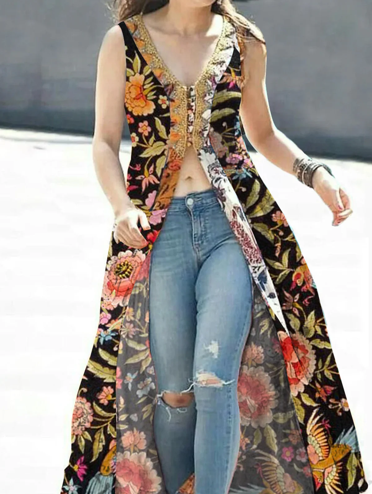 

Women's Tank Dress Floral Printing Split Sexy Indie Folk Vintage Sleeveless High Street Female Retro V-Neck Long Dress 2025