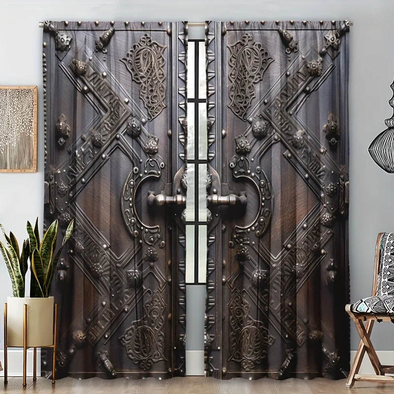 2pcs Metal Wooden Accessories Wooden Door Printed Curtains Living Room Bedroom Decoration 3D Digital Printing Curtain Home Decor