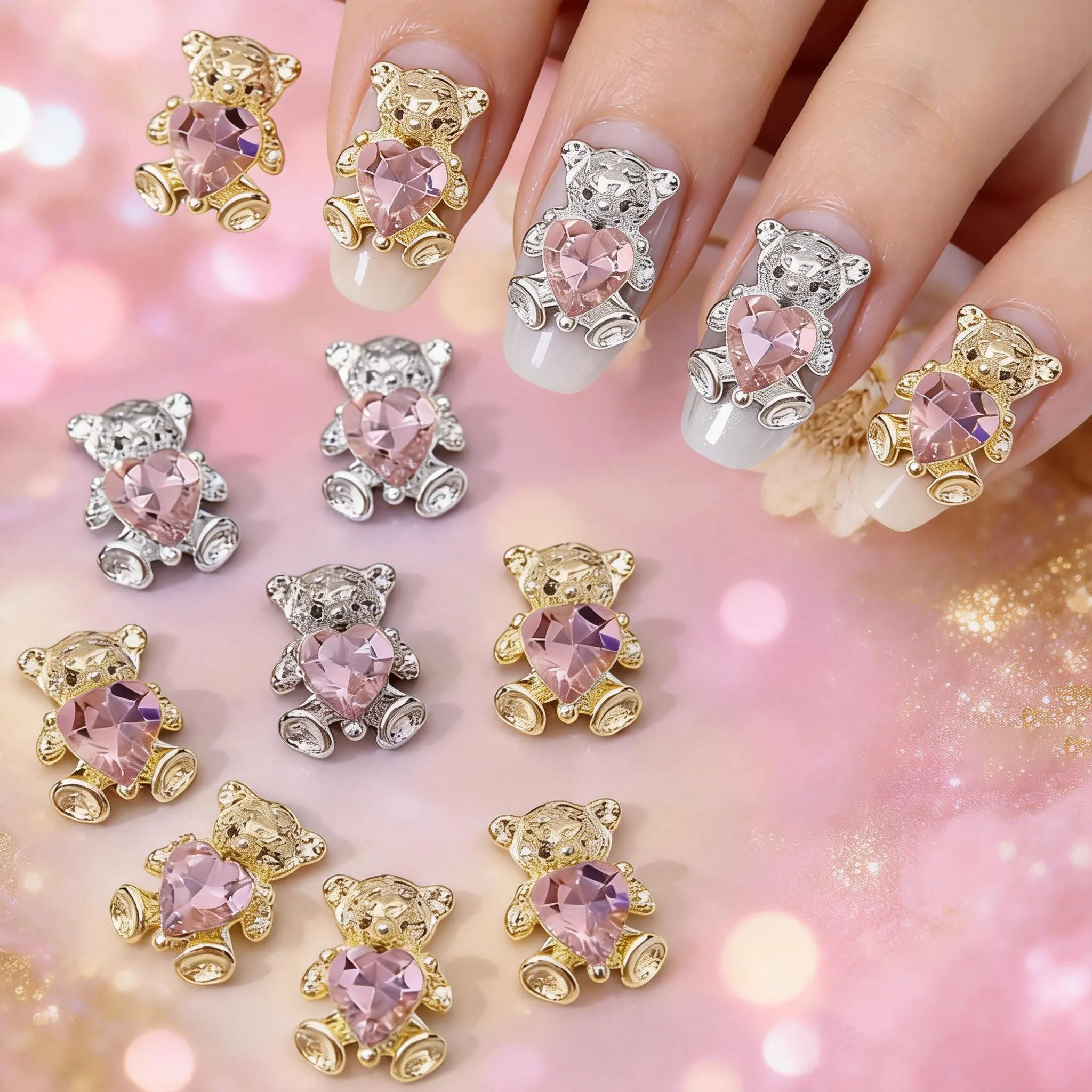 

10 шт. 3D-украшений для ногтей в виде золотых/серебряных сердечек-медведей, металлические медведи с розовыми стразами, роскошные украшения для маникюра, DIY-аксессуары для ногтей