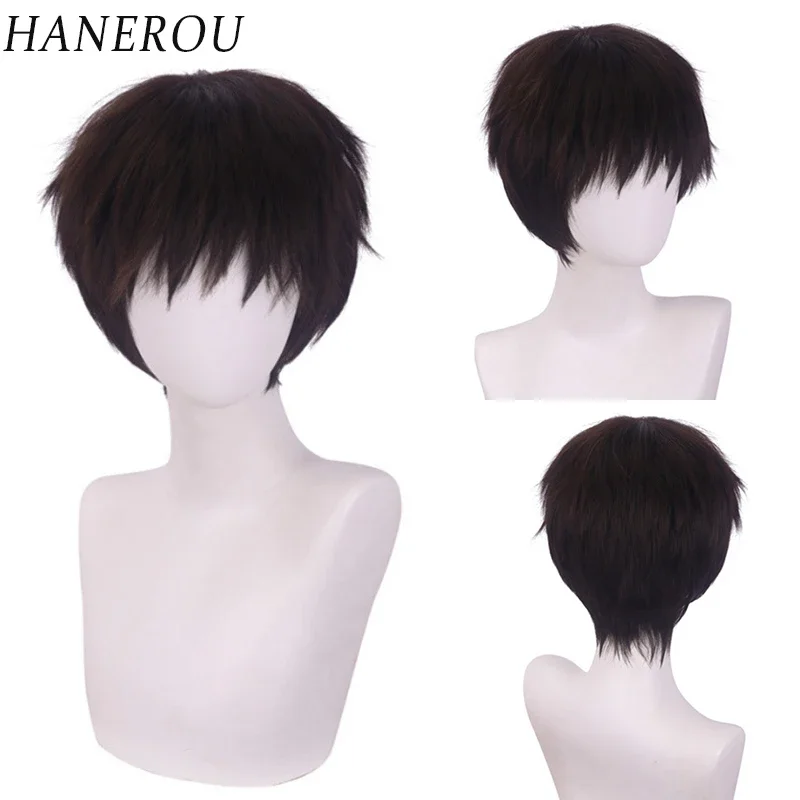 

HANEROU Men Wig Synthetic Short Straight Natural Black Hair High Temperature Fiber for Anime Cosplay Party Daily