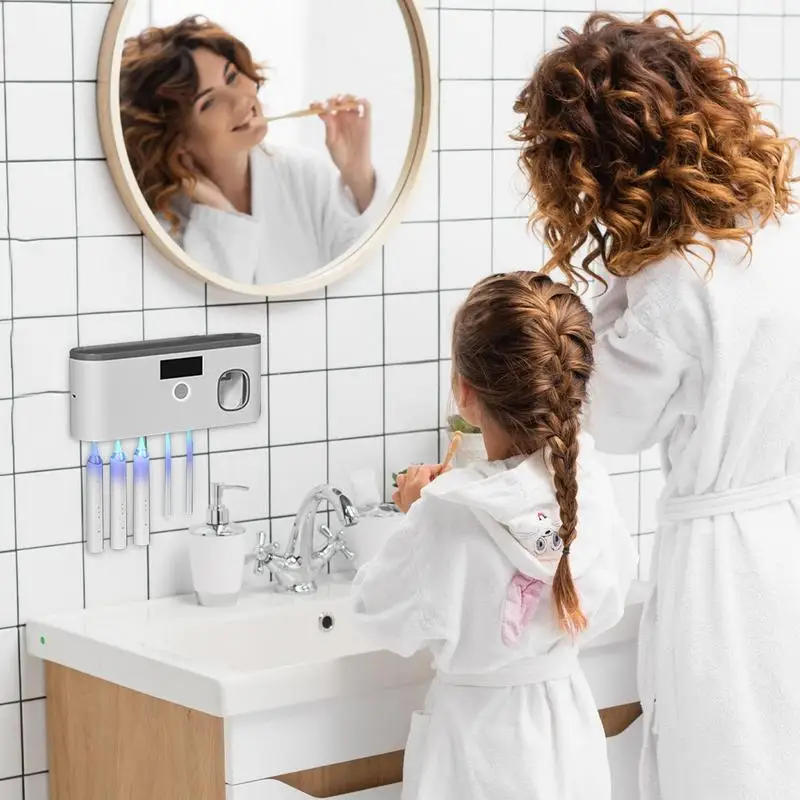 UV Toothbrush Cleaner Holder with Toothpaste Dispenser Dustproof Sticky Wall Mounted Toothpaste Squeezer for Bathroom