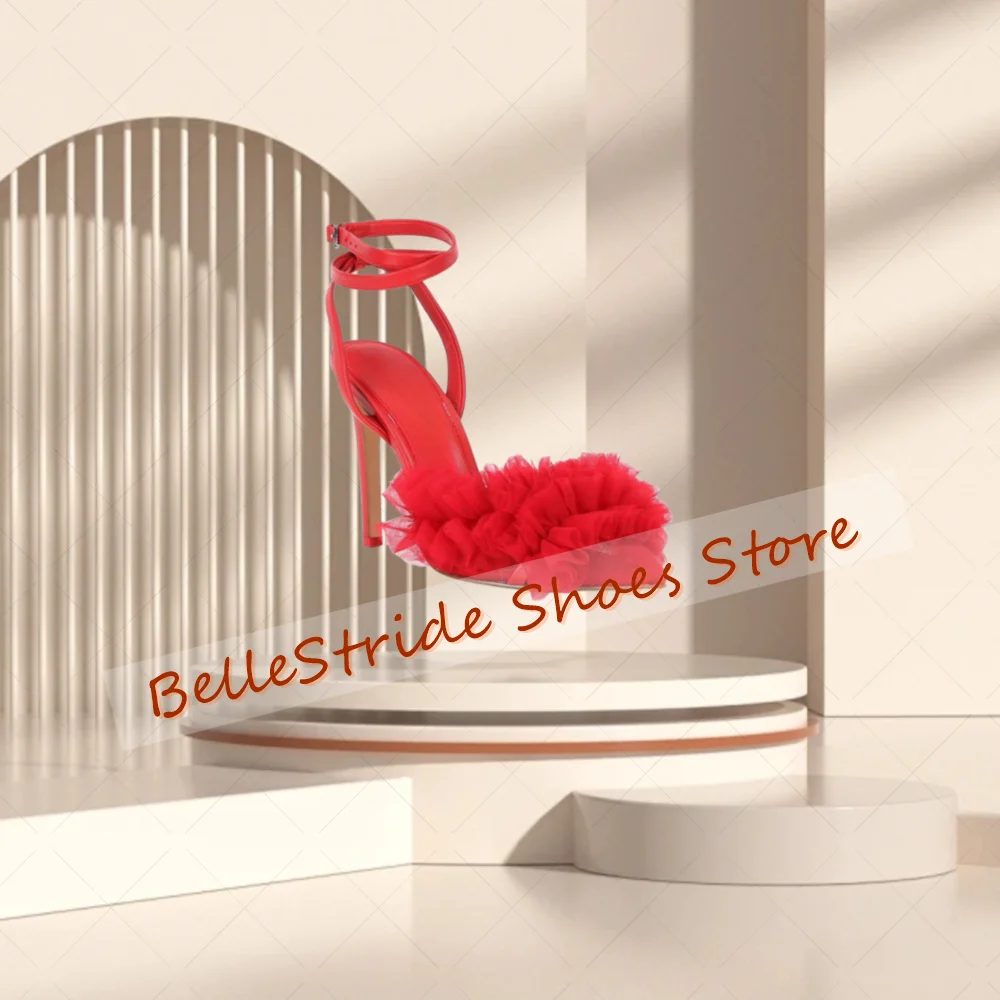 

Red Mesh Pointed Toe Sandals Buckle Strap Fashion Women Shoes Stilettos High Heels Party Banquet Dating 2025 Zapatos Para Mujere
