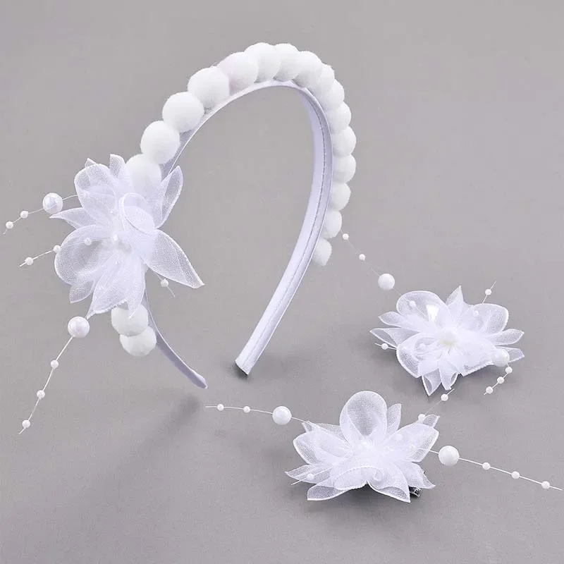 ncmama 3Pcs/set New Pompon Headbands with Flower for Kids Girls Solid Lace Hairpin Girls Hairbands Hair Hoop Hair Accessories