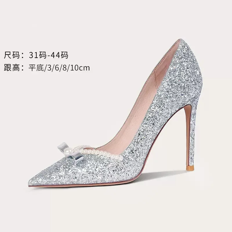 Spring and summer new sequins pointy pearl flat wedding shoes thin high heels banquet dress large small women's single shoes