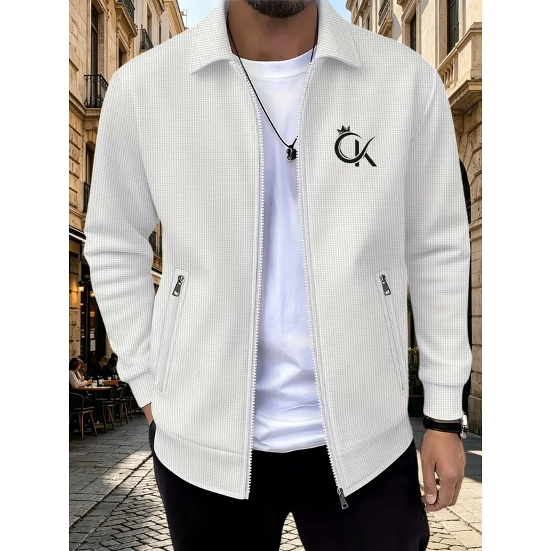 Men's Fashion Waffle Lapel Zip Up Jacket with Logo Spring Autumn Premium Casual Cardigan Coat Versatile Daily Outerwear 5 Colors
