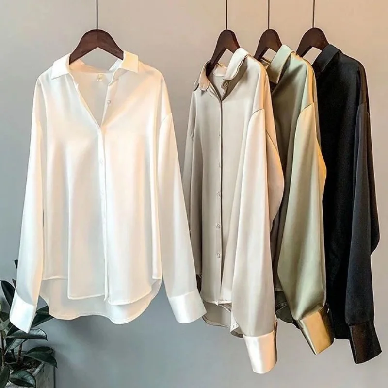 Women Satin Blouse Long Sleeve Solid Plain Color Niche Design Details Vintage Temperament All-Match Elegant Shirt Top