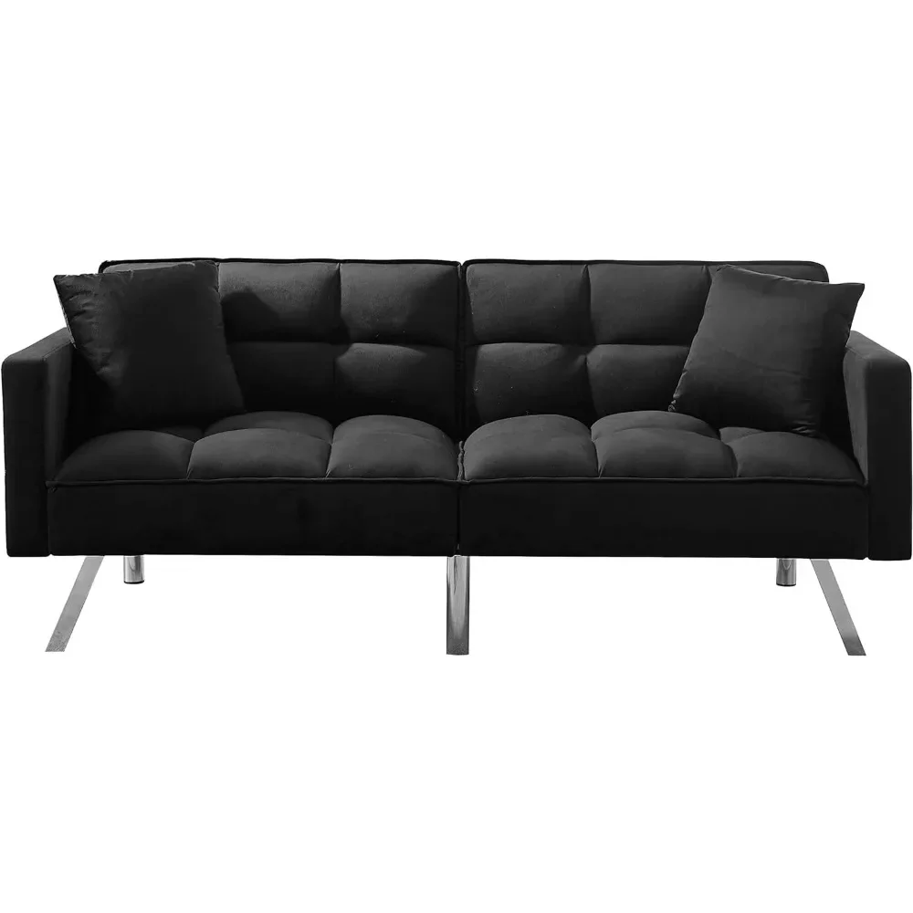 Směnitelný samet futon pohovka postel, moderní gauč lůžkový vůz pohovka s 2 polštáře, 3 nastavitelný angles opěradlo, moderní loveseat