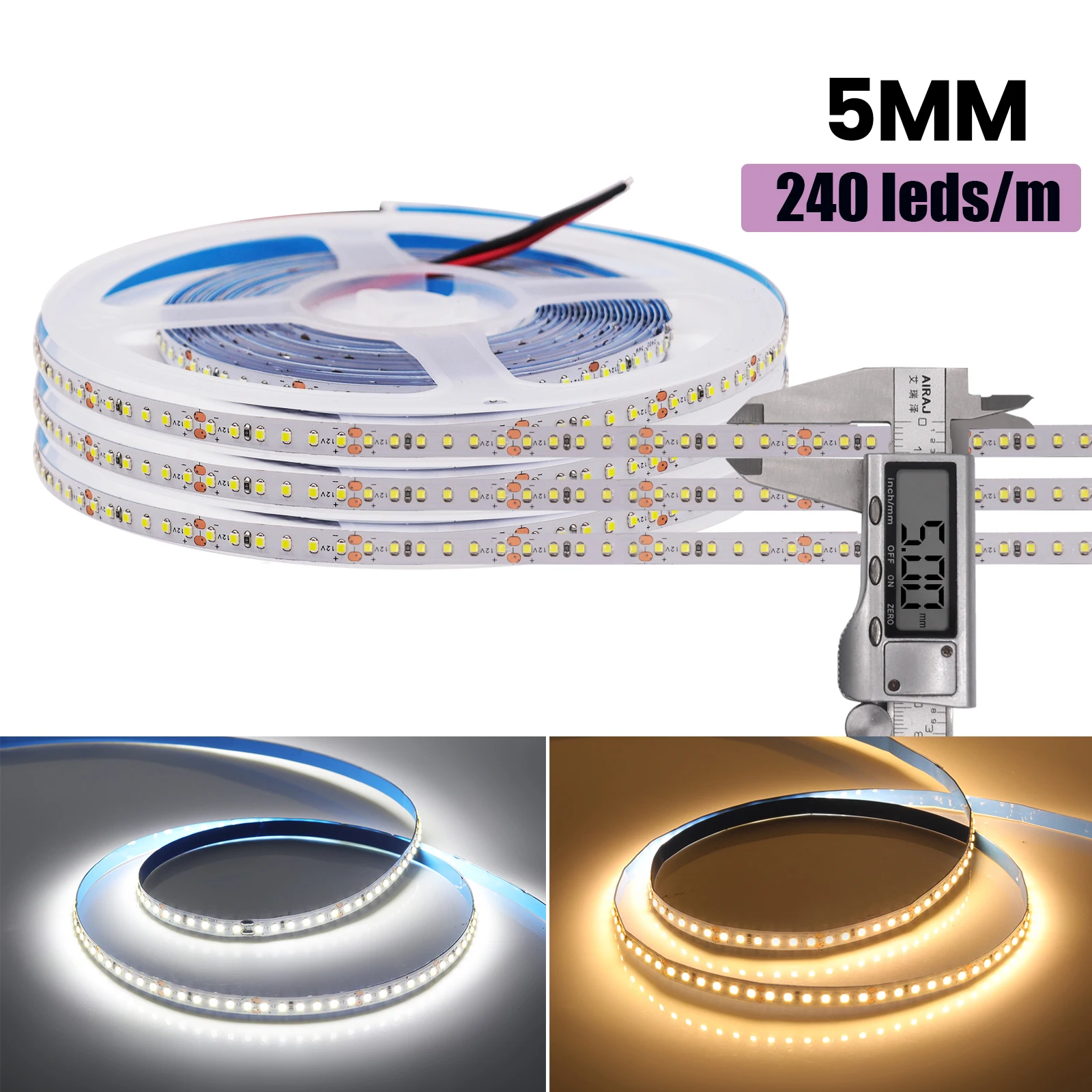 Tira de luces LED para decoración del hogar, cinta Flexible de 12V CC, SMD 1616, 240, 300LED/M, Blanco/blanco cálido, 5MM y 8MM de ancho