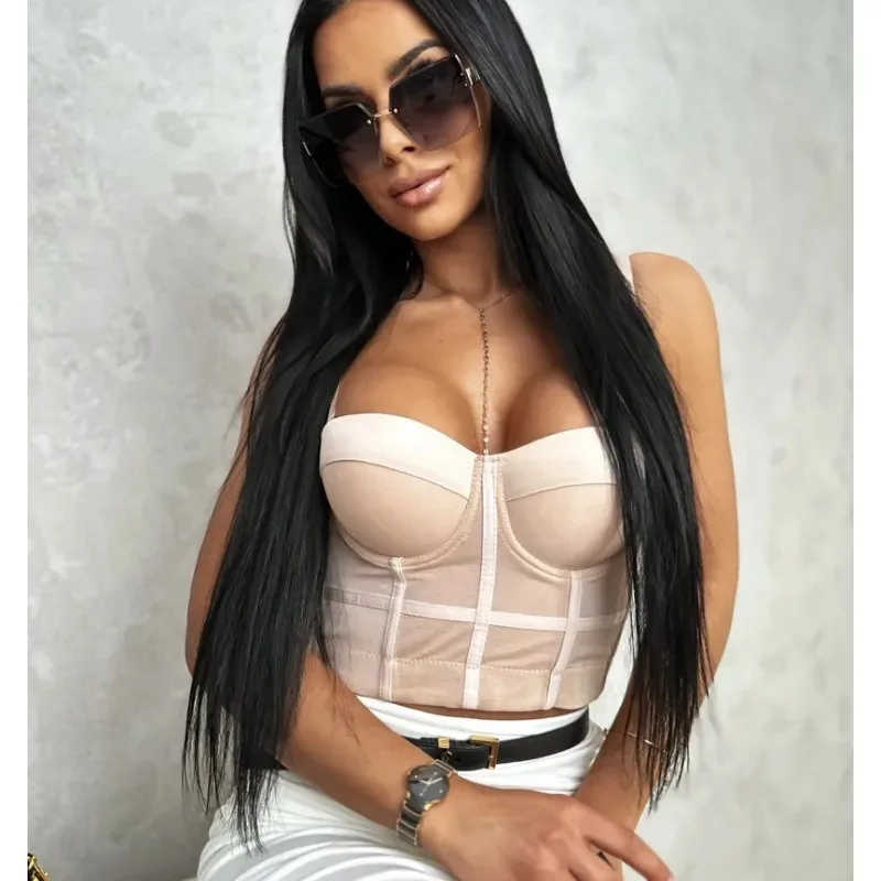 Pure-color Mesh Sexy Sling Fashion With A Small Vest Strapless Simple Three-Dimensional Breast Cup Blouse