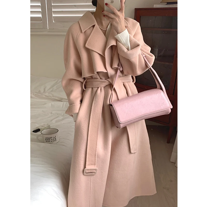 

Pink Big Collar Wool Jacket Women 2023 Winter with Belt Chic Elegant Long Blend Coat Ladies Autumn Vintage Korean Outfit