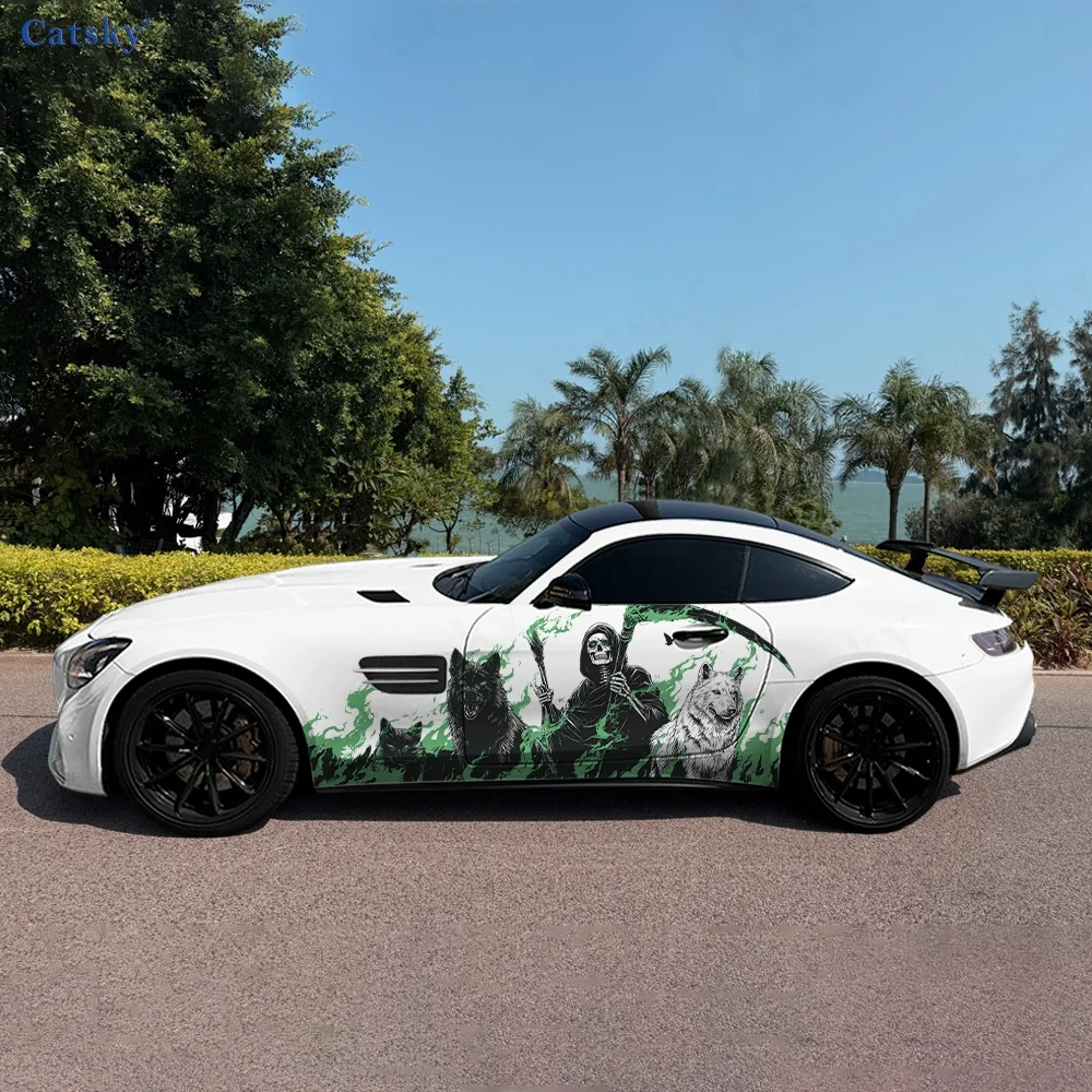 2pcs Death Skull Wolf Flame Car Vinyl Wraps Self-adhesive PVC Sticker Suitable for Trucks SUV Decoration Auto Accessories Gift