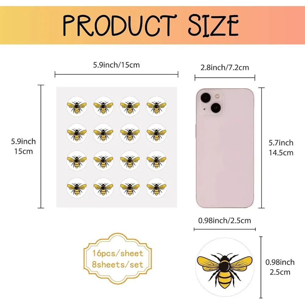 128Pcs Bee Planner Stickers Cartoon Vinyl Decal Self-Adhesive Waterproof Sticker Round Bulk Yellow Stickers for Water Bottles