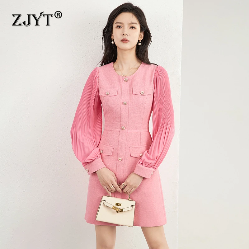 

ZJYT Fashion Women's New Autumn Dresses Long Sleeve Elegant O Neck Buttons Brief Office Lady Dress Casual Daily Vestidos Female