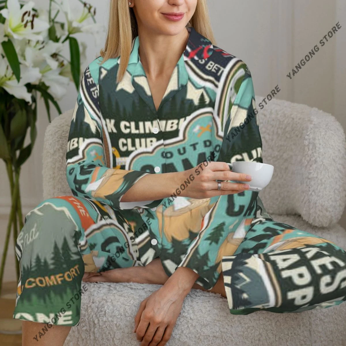 

Весенне-осенние брюки с длинными рукавами, пижамный комплект, лагерь, скалолазание, красочный альпинист, карабин, женский свободный спальный костюм