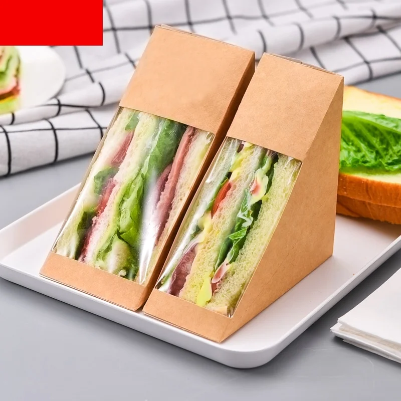 Customized productCustom Design Kraft Paper wedge shaped Sandwich Box with window