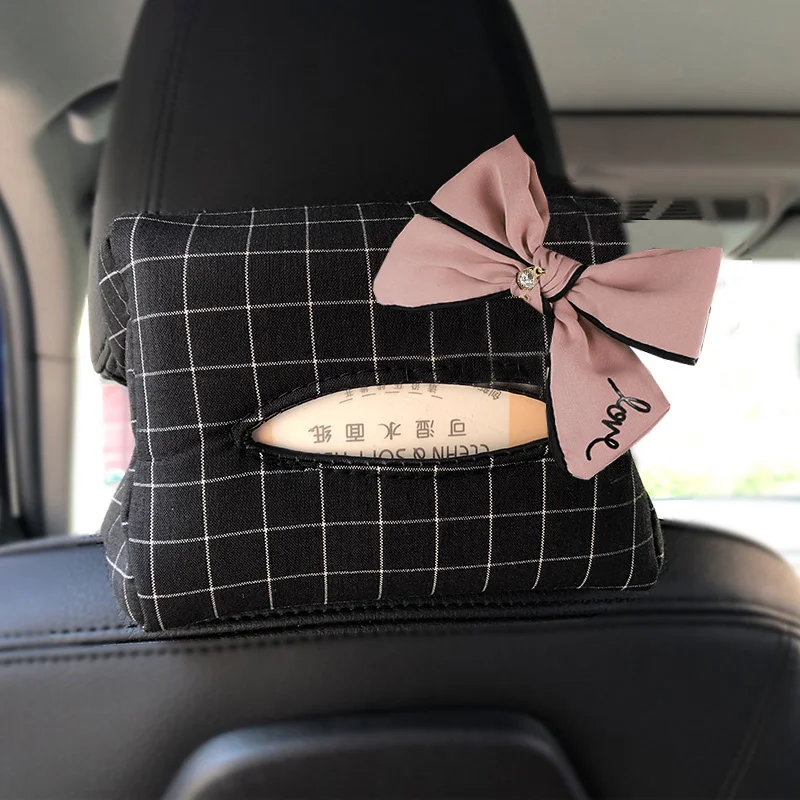 Classic Check Car Tissue Box For Back Seat Headrest Hanging Storage Bag Cute Bowknot Universal Auto Seat Armrest Paper Holder