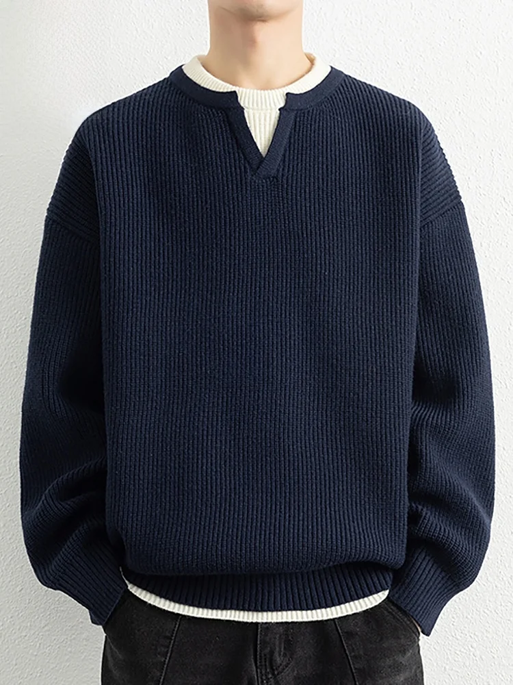 

Модный свободный вязаный свитер с круглым вырезом, имитация двухслойности, весенняя новинка, мужской комфортный повседневный лонгслив