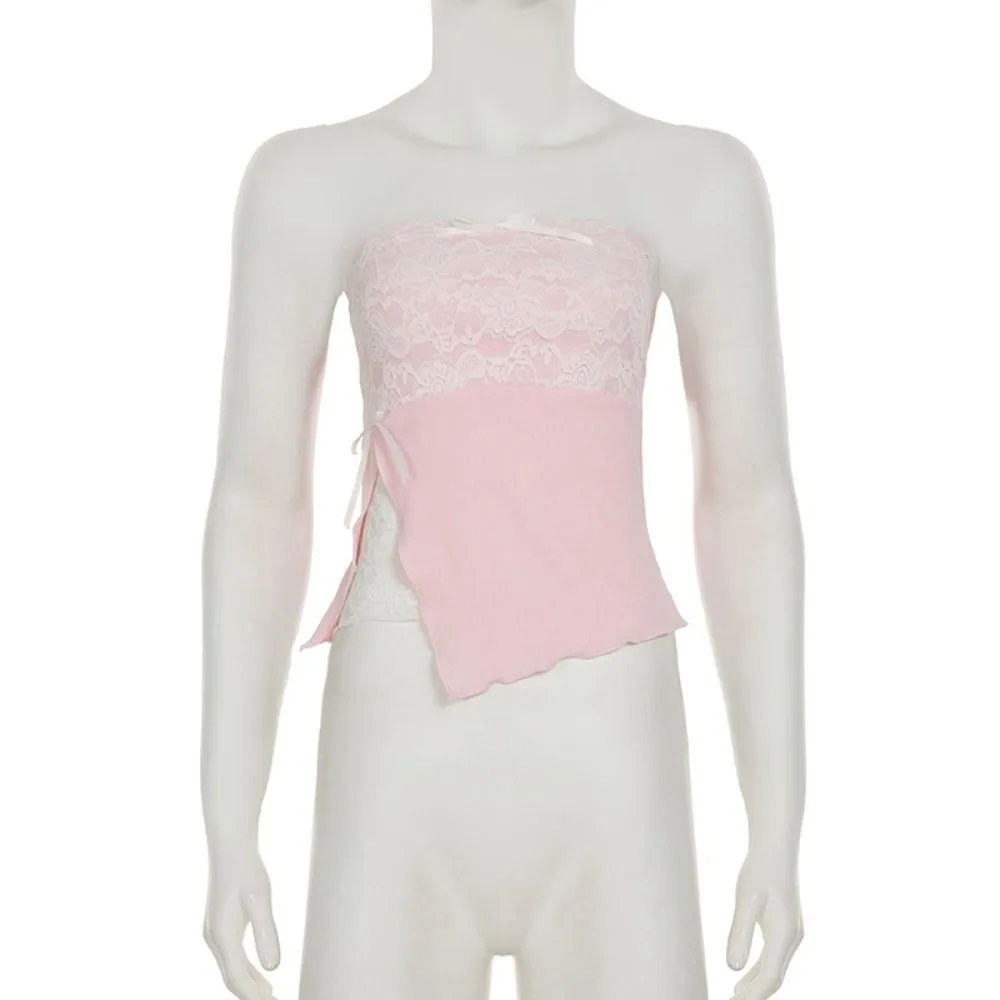 Elegant Slim Fit Lace Tube Tops Fake Two Pieces Mesh Flower Sweet Lace Vest Bow Chic Sleeveless Crop Top Women