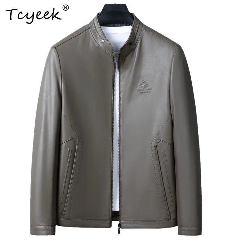 

Tcyeek верхний слой овчины весна осень элитный воротник-стойка однотонная мужская куртка из натуральной кожи Jaquetas Masculino